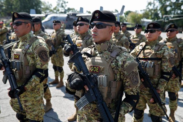 Soldiers of El Salvador’s Special Operations Group stand in formation during the inauguration ceremony of the multinational military exercise CENTAM GUARDIAN 2026, at the Special Forces Command headquarters in Ilopango, El Salvador on April 16, 2026. (Photo by Marvin RECINOS / AFP)