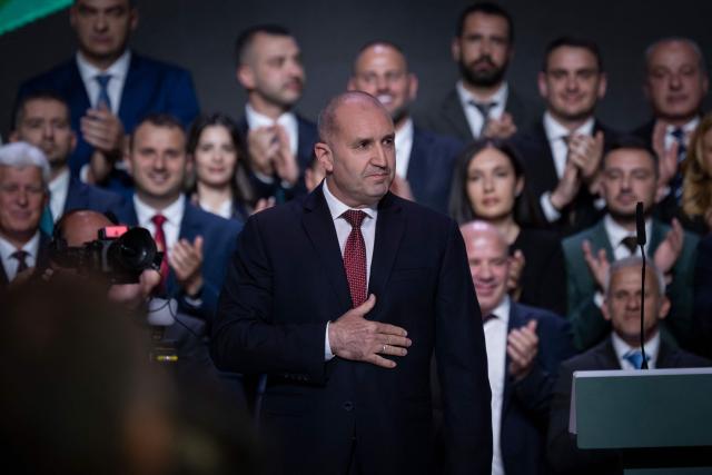 Former Bulgaria's president Rumen Radev gestures during the final pre-election event of his political coalition "Progressive Bulgaria" in Sofia on April 16, 2026. Bulgaria will hold its eighth general election in five years on April 19, 2026, with ex-president Rumen Radev's new grouping tipped to win a ballot many hope will end chronic instability. (Photo by Nikolay DOYCHINOV / AFP)