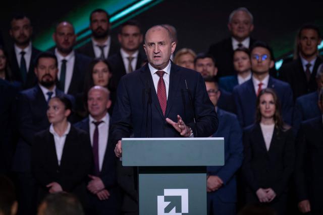 Former Bulgaria's president Rumen Radev speaks to supporters during the final pre-election event of his political coalition "Progressive Bulgaria" in Sofia on April 16, 2026. Bulgaria will hold its eighth general election in five years on April 19, 2026, with ex-president Rumen Radev's new grouping tipped to win a ballot many hope will end chronic instability. (Photo by Nikolay DOYCHINOV / AFP)