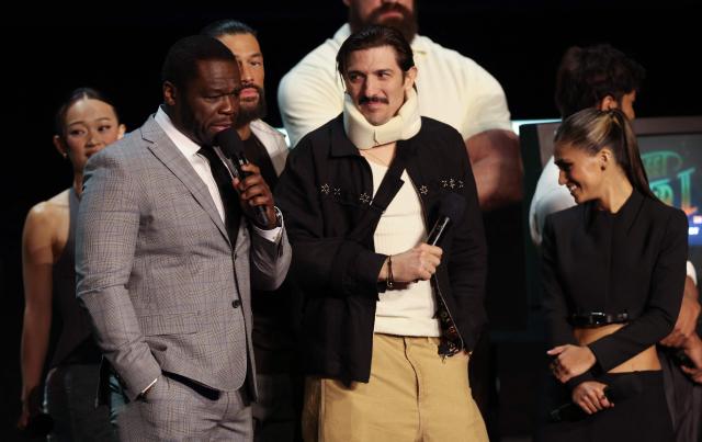US rapper and actor 50 Cent (2L) speaks on stage with the cast of "Street Fighter" during the Paramount Pictures presentation at CinemaCon at The Colosseum at Caesars Palace on April 16, 2026 in Las Vegas, Nevada. (Photo by VALERIE MACON / AFP)