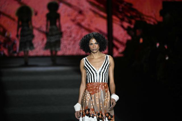 A model presents a creation by Patricia Vieira during the Rio Fashion Week at Pier Maua in Rio de Janeiro, Brazil, on April 16, 2026. (Photo by Mauro PIMENTEL / AFP)