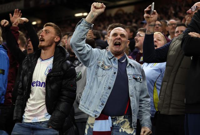 Villa fans react during the UEFA Europa League, quarter final second-leg football match between Aston Villa and Bologna at Villa Park in Birmingham, central England on April 16, 2026. (Photo by Darren Staples / AFP)