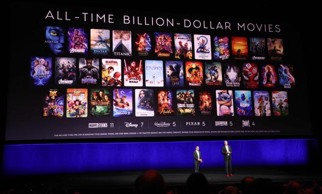 Matt Kalavsky, SVP, General Sales Manager (L) and Andrew Cripps, Head of Theatrical Distribution (R) speak on stage during the Walt Disney Studios presentation at CinemaCon at The Colosseum at Caesars Palace on April 16, 2026 in Las Vegas, Nevada. (Photo by VALERIE MACON / AFP)