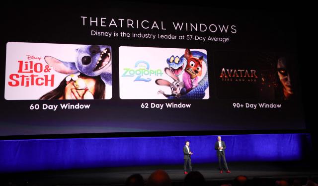 Matt Kalavsky, SVP, General Sales Manager (L) and Andrew Cripps, Head of Theatrical Distribution (R) speak on stage during the Walt Disney Studios presentation at CinemaCon at The Colosseum at Caesars Palace on April 16, 2026 in Las Vegas, Nevada. (Photo by VALERIE MACON / AFP)