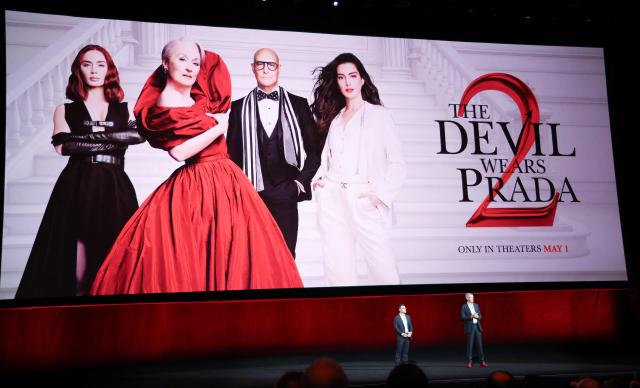 Matt Kalavsky, SVP, General Sales Manager (L) and Andrew Cripps, Head of Theatrical Distribution (R) speak on stage during the Walt Disney Studios presentation at CinemaCon at The Colosseum at Caesars Palace on April 16, 2026 in Las Vegas, Nevada. (Photo by VALERIE MACON / AFP)