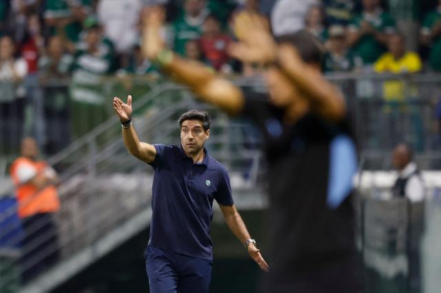 Palmeiras' Portuguese coach Abel Ferreira gestures during the Copa Libertadores group stage football match between Brazil's Palmeiras and Peru's Sporting Cristal at Allianz Parque stadium in Sao Paulo, Brazil on April 16, 2026. (Photo by Miguel SCHINCARIOL / AFP)