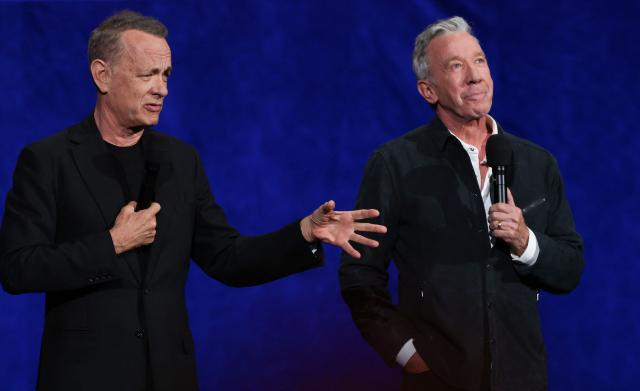 US actor Tom Hanks (L) and US actor Tim Allen (R) promote "Toy Story 5" during the Walt Disney Studios presentation at CinemaCon at The Colosseum at Caesars Palace on April 16, 2026 in Las Vegas, Nevada. (Photo by VALERIE MACON / AFP)
