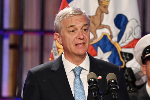 Chile's President Jose Antonio Kast speaks next to Czech President Petr Pavel (out of frame) during a joint press conference at La Moneda Presidential Palace in Santiago on April 16, 2026. (Photo by RODRIGO ARANGUA / AFP)