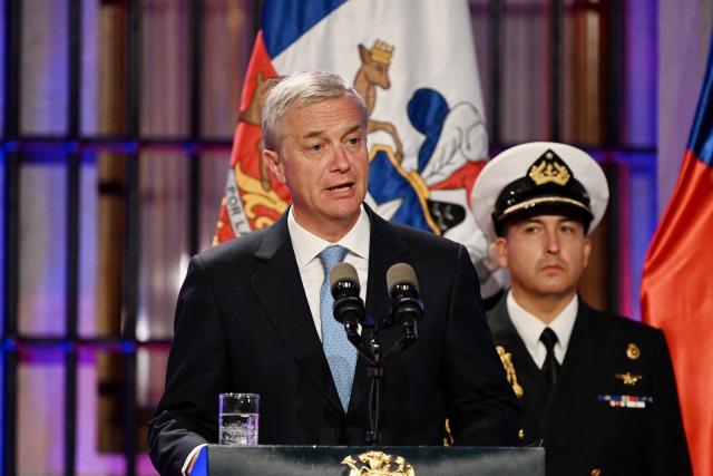 Chile's President Jose Antonio Kast speaks next to Czech President Petr Pavel (out of frame) during a joint press conference at La Moneda Presidential Palace in Santiago on April 16, 2026. (Photo by RODRIGO ARANGUA / AFP)