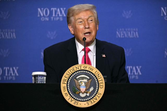 US President Donald Trump speaks during a roundtable discussion on his "no tax on tips" policy at the AC Hotel Las Vegas Symphony Park in Las Vegas, Nevada, on April 16, 2026. (Photo by Jim WATSON / AFP)