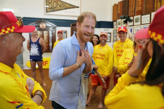 Britain's Prince Harry, Duke of Sussex, meets volunteer first responders from Bondi Surf Bathers' Life Saving Club at Bondi Beach in Sydney on April 17, 2026. (Photo by Jonathan Brady / POOL / AFP)