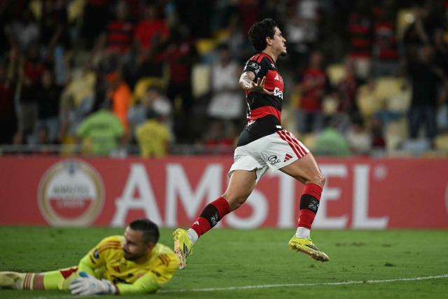 Flamengo's forward #09 Pedro celebrates after scoring his team's fourth goal during the Copa Libertadores group stage football match between Brazil's Flamengo and Colombia's Independiente Medellin at the Maracana stadium in Rio de Janeiro, Brazil, on April 16, 2026. (Photo by MAURO PIMENTEL / AFP)