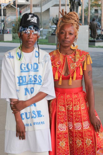 US artist Lauren Halsey and Monique McWilliams attend the Los Angeles County Museum of Art's (LACMA) opening gala for the David Geffen Galleries at LACMA in Los Angeles, on April 16, 2026. (Photo by Etienne LAURENT / AFP)