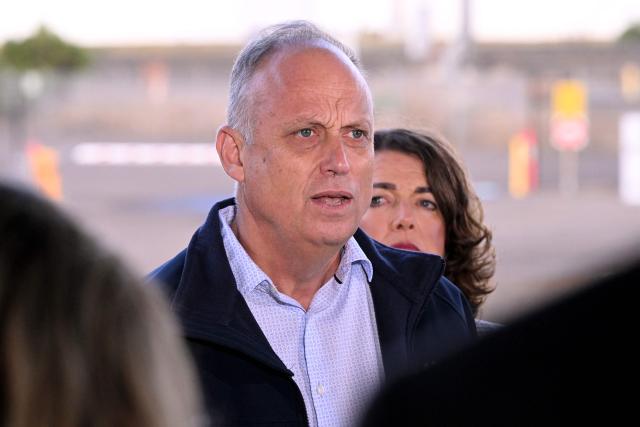 Viva Energy's CEO cott Wyatt speaks at a press conference at the Geelong Oil Refinery in Geelong on April 17, 2026. The visit comes a day after a fire ripped through the oil refinery but Australia's deputy Prime Minister Richard Marles said it would have a minimal impact on fuel supply. (Photo by William WEST / AFP)