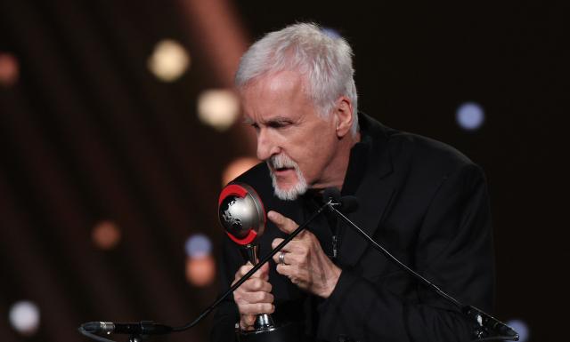 Cinema United Spirit of the Industry award recipient Canadian filmmaker James Cameron speaks on stage during the CinemaCon 2026 Big Screen Achievement Awards at OMNIA Nightclub at Caesars Palace in Las Vegas, Nevada on April 16, 2026. (Photo by VALERIE MACON / AFP)