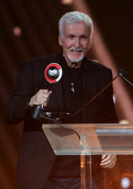 Cinema United Spirit of the Industry award recipient Canadian filmmaker James Cameron speaks on stage during the CinemaCon 2026 Big Screen Achievement Awards at OMNIA Nightclub at Caesars Palace in Las Vegas, Nevada on April 16, 2026. (Photo by VALERIE MACON / AFP)