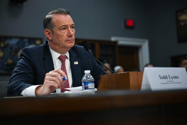 (FILES) Todd Lyons, US Acting Director of Immigration and Customs Enforcement (ICE), testifies during a House Appropriations Subcommittee on Homeland Security oversight hearing on Capitol Hill in Washington, DC, May 14, 2025. Lyons, will leave his post at the agency charged with enforcing US President Donald Trump's anti-immigrant crackdown in May, the Homeland Security Secretary announced Thursday. (Photo by Jim WATSON / AFP)