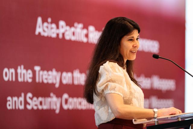 Celine Mahory, Director of Government Relations and Advocacy of the International Campaign to Abolish Nuclear Weapons (ICAN), speaks during a conference with representatives from more than 20 Asia-Pacific countries to discuss the universalisation and implementation of the Treaty on the Prohibition of Nuclear Weapons (TPNW) in Jakarta on April 17, 2026. (Photo by YASUYOSHI CHIBA / AFP)
