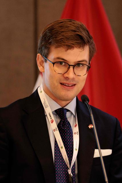 Michael Wislocki, Charge d'Affaires of the Australian Embassy in Jakarta, speaks during a conference with representatives from more than 20 Asia-Pacific countries to discuss the universalisation and implementation of the Treaty on the Prohibition of Nuclear Weapons (TPNW) in Jakarta on April 17, 2026. (Photo by YASUYOSHI CHIBA / AFP)