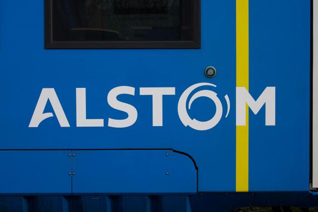 (FILES) A picture taken on February 1, 2023 shows an Alstom logo on Alstom's Coradia ilint Hydrogen train during testing on tracks between Reignac-sur-Indre and Loches, central France. Alstom’s share price plunged nearly 30% on April 17, 2026 less than half an hour after the opening of a session on the Paris Stock Exchange, following a downward revision of its financial performance targets due to delivery delays. (Photo by GUILLAUME SOUVANT / AFP)