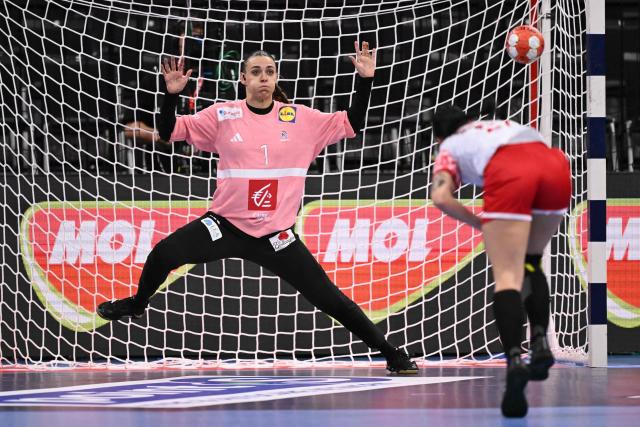 (FILES) France’s goalkeeper #01 Laura Glauser tries to stop a shoot during the women’s EHF 2024 European championship handball game between France and Poland at the St Jakobshalle in Basel on November 28, 2024. (Photo by SEBASTIEN BOZON / AFP)
