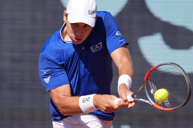 Serbia's Hamad Medjedovic hits a return against Portugal's Nuno Borges during the ATP Barcelona Open "Conde de Godo" tennis tournament quarterfinals tennis match at the Real Club de Tenis in Barcelona, on April 17, 2026. (Photo by Manaure QUINTERO / AFP)