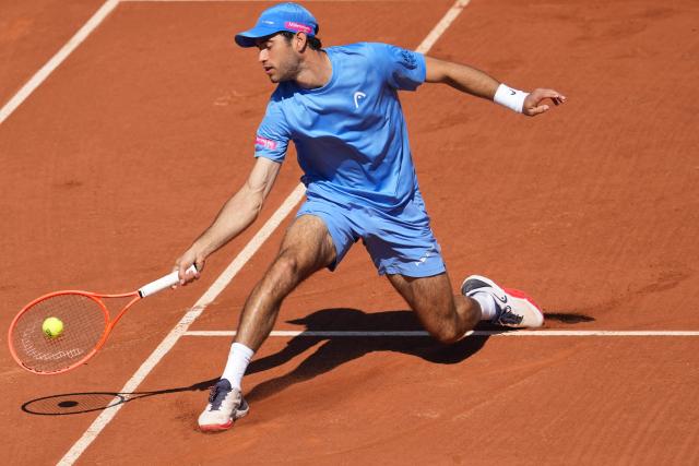 Portugal's Nuno Borges hits a return against Serbia's Hamad Medjedovic during the ATP Barcelona Open "Conde de Godo" tennis tournament tennis match at the Real Club de Tenis in Barcelona, on April 17, 2026. (Photo by Manaure QUINTERO / AFP)