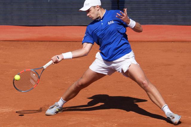 Serbia's Hamad Medjedovic hits a return against Portugal's Nuno Borges during the ATP Barcelona Open "Conde de Godo" tennis tournament tennis match at the Real Club de Tenis in Barcelona, on April 17, 2026. (Photo by Manaure QUINTERO / AFP)