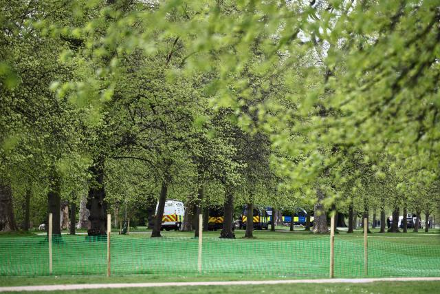 Police vans are pictured in the closed Kensington Palace Gardens, west London on April 17, 2026, close to the Israeli Embassy. (Photo by Henry NICHOLLS / AFP)