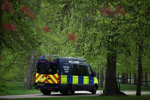 A Territorial Support Group Police van is pictured in the closed Kensington Palace Gardens, west London on April 17, 2026, close to the Israeli Embassy. (Photo by Henry NICHOLLS / AFP)