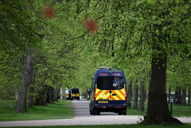 A Territorial Support Group Police van is pictured in the closed Kensington Palace Gardens, west London on April 17, 2026, close to the Israeli Embassy. (Photo by Henry NICHOLLS / AFP)