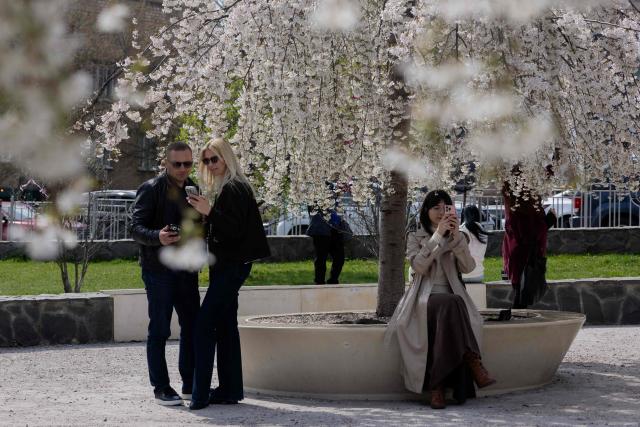 Local residents take pictures among the blooming trees in a park in Kyiv on April 17, 2026, amid the Russian invasion of Ukraine (Photo by Tetiana DZHAFAROVA / AFP)