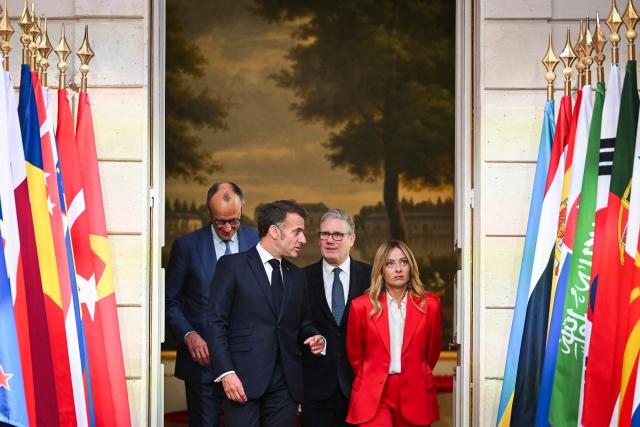(From L) Germany's Chancellor Friedrich Merz, France's President Emmanuel Macron, Britain's Prime Minister Keir Starmer and Italy's Prime Minister Giorgia Meloni arrive for an international summit on efforts to reopen the Strait of Hormuz at the Elysee Presidential Palace in Paris on April 17, 2026. French President Emmanuel Macron and UK Prime Minister Keir Starmer chair a meeting of allies to consider sending a multinational force to ensure security and free-flowing trade in the Strait of Hormuz once the current conflict between Iran and the US and Israel ends. Iran imposed the blockade on the critical shipping bottleneck as soon as the US and Israel launched the war against the Islamic republic on February 28, leading to a surge in global energy prices. Even with a shaky ceasefire in place, the US is now imposing its own blockade on Iranian ports. (Photo by Tom NICHOLSON / POOL / AFP)