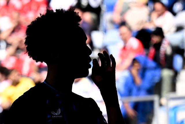 Club Brugge's English defender #90 Andre Garcia celebrates scoring his team's second goal during the UEFA Youth League semi-final football match between Benfica and Club Brugge at Stade de la Tuiliere in Lausanne, on April 17, 2026. (Photo by Fabrice COFFRINI / AFP)