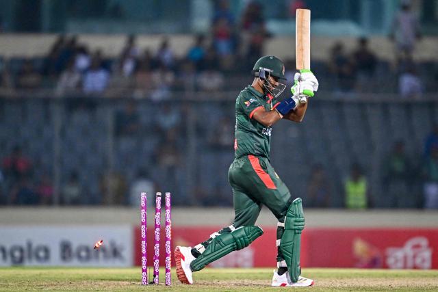 Bangladesh's Shoriful Islam is clean bowled by New Zealand's Blair Tickner during the first one-day international (ODI) cricket match between Bangladesh and New Zealand at Sher-e-Bangla National Stadium in Mirpur on April 17, 2026. (Photo by Munir UZ ZAMAN / AFP)