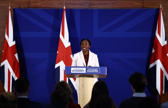 Britain's main opposition Conservative Party leader Kemi Badenoch speaks at a press conference in central London on April 17, 2026. (Photo by Henry NICHOLLS / AFP)