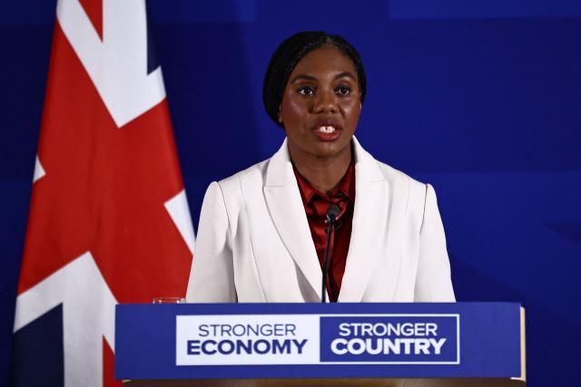 Britain's main opposition Conservative Party leader Kemi Badenoch speaks at a press conference in central London on April 17, 2026. (Photo by Henry NICHOLLS / AFP)