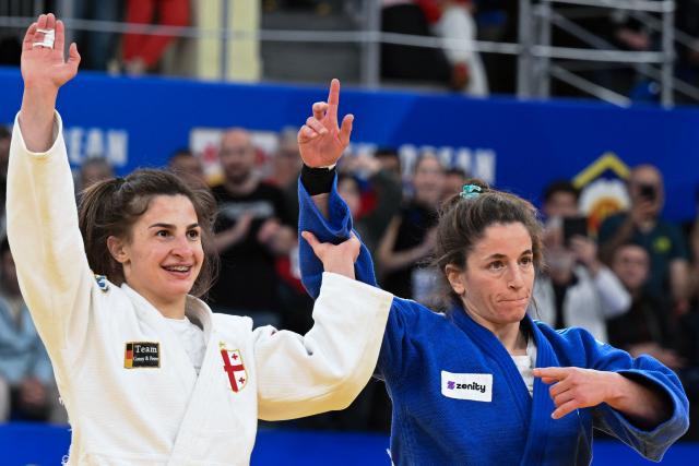 Georgia's Eteri Liparteliani wins against Israel's Timna Nelson Levy in the women's under 57 kg category gold medal bout at the Judo European Senior Championships 2026 in Tbilisi on April 17, 2026. (Photo by Vano SHLAMOV / AFP)