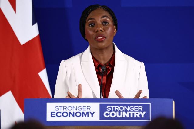 Britain's main opposition Conservative Party leader Kemi Badenoch speaks at a press conference in central London on April 17, 2026. (Photo by Henry NICHOLLS / AFP)