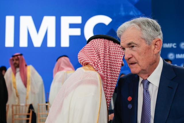 (L/R) Saudi Arabia's Finance Minister Mohammed Al-Jadaan speaks with US Federal Reserve Chair Jerome Powell during a meeting of the IMFC (International Monetary and Financial Committee) at the 2026 IMF and World Bank Group Spring Meetings in Washington, DC, on April 17, 2026. (Photo by Kent NISHIMURA / AFP)