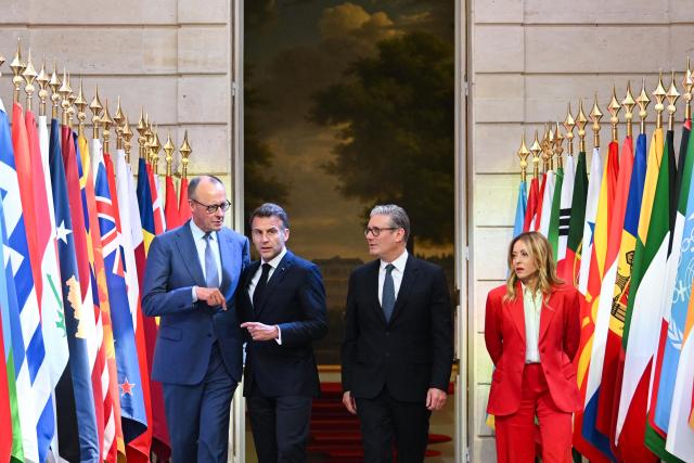 (From L) Germany's Chancellor Friedrich Merz, France's President Emmanuel Macron, Britain's Prime Minister Keir Starmer and Italy's Prime Minister Giorgia Meloni arrive for a press conference following an international summit on efforts to reopen the Strait of Hormuz at the Elysee Presidential Palace in Paris on April 17, 2026. French President Emmanuel Macron and UK Prime Minister Keir Starmer chair a meeting of allies to consider sending a multinational force to ensure security and free-flowing trade in the Strait of Hormuz once the current conflict between Iran and the US and Israel ends. Iran imposed the blockade on the critical shipping bottleneck as soon as the US and Israel launched the war against the Islamic republic on February 28, leading to a surge in global energy prices. Even with a shaky ceasefire in place, the US is now imposing its own blockade on Iranian ports. (Photo by Jeanne Accorsini / POOL / AFP)