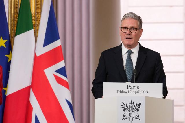 British Prime Minister Keir Starmer delivers a statement following an international summit on efforts to reopen the Strait of Hormuz at the Elysee Palace in Paris on April 17, 2026. French President Emmanuel Macron and UK Prime Minister Keir Starmer chair a meeting of allies to consider sending a multinational force to ensure security and free-flowing trade in the Strait of Hormuz once the current conflict between Iran and the US and Israel ends. Iran imposed the blockade on the critical shipping bottleneck as soon as the US and Israel launched the war against the Islamic republic on February 28, leading to a surge in global energy prices. Even with a shaky ceasefire in place, the US is now imposing its own blockade on Iranian ports. (Photo by Michel Euler / POOL / AFP)