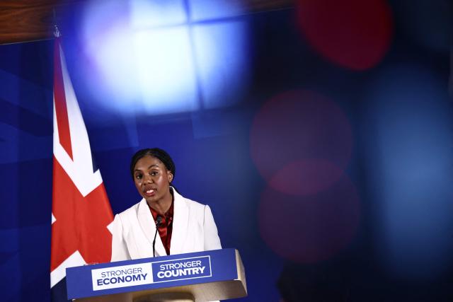 Britain's main opposition Conservative Party leader Kemi Badenoch speaks at a press conference in central London on April 17, 2026. (Photo by Henry NICHOLLS / AFP)