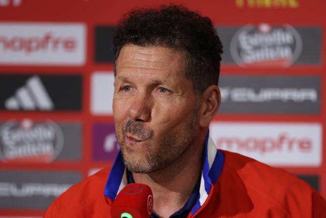 Atletico Madrid's Argentine coach Diego Simeone gives a press conference on the eve of the Copa del Rey (King's Cup) final football match between Club Atletico de Madrid and Real Sociedad at La Cartuja stadium in Seville, on April 17, 2026. (Photo by Thomas COEX / AFP)