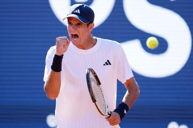 Spain's Rafael Jodar reacts as he plays against against Britain's Cameron Norrie during their ATP Barcelona Open "Conde de Godo" tennis tournament quarterfinals singles tennis match at the Real Club de Tenis in Barcelona, on April 17, 2026. (Photo by Manaure Quintero / AFP)