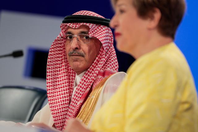(L/R) Saudi Arabia's Finance Minister Mohammed Al-Jadaan and IMF Managing Director Kristalina Georgieva
speak during a press briefing following a meeting of the IMFC (International Monetary and Financial Committee) at the 2026 IMF and World Bank Group Spring Meetings in Washington, DC, on April 17, 2026. (Photo by Kent Nishimura / AFP)