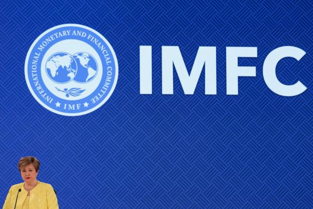 IMF Managing Director Kristalina Georgieva speaks during a press briefing following a meeting of the IMFC (International Monetary and Financial Committee) at the 2026 IMF and World Bank Group Spring Meetings in Washington, DC, on April 17, 2026. (Photo by Kent Nishimura / AFP)