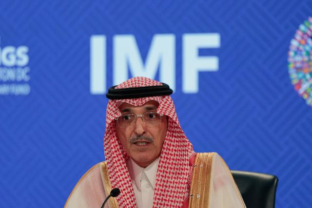 Saudi Arabia's Finance Minister Mohammed Al-Jadaan speaks during a press briefing following a meeting of the IMFC (International Monetary and Financial Committee) at the 2026 IMF and World Bank Group Spring Meetings in Washington, DC, on April 17, 2026. (Photo by Kent Nishimura / AFP)
