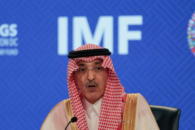 Saudi Arabia's Finance Minister Mohammed Al-Jadaan speaks during a press briefing following a meeting of the IMFC (International Monetary and Financial Committee) at the 2026 IMF and World Bank Group Spring Meetings in Washington, DC, on April 17, 2026. (Photo by Kent Nishimura / AFP)