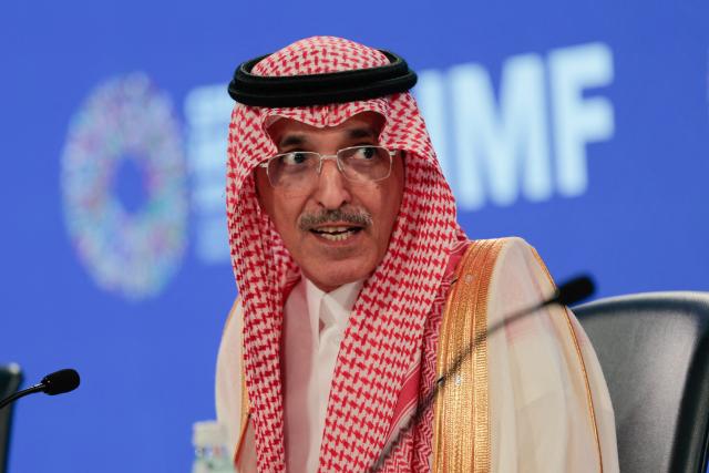 Saudi Arabia's Finance Minister Mohammed Al-Jadaan speaks during a press briefing following a meeting of the IMFC (International Monetary and Financial Committee) at the 2026 IMF and World Bank Group Spring Meetings in Washington, DC, on April 17, 2026. (Photo by Kent Nishimura / AFP)